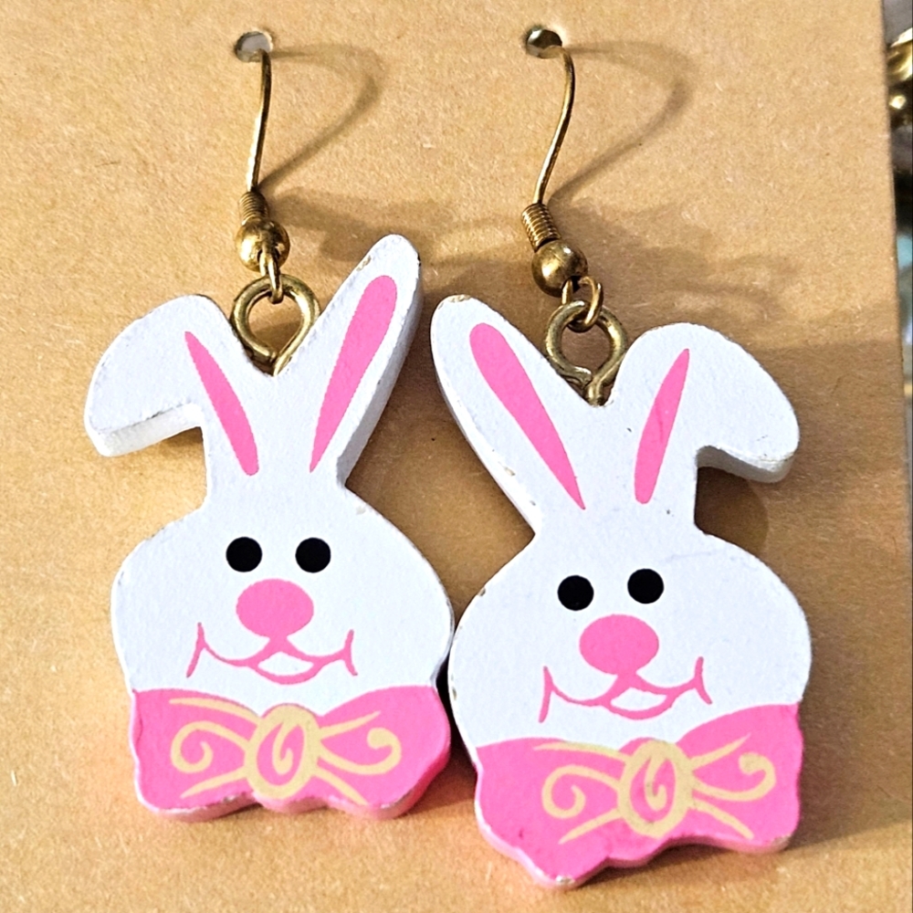 Vintage Easter Bunny Wooden Earrings with Pink Bows